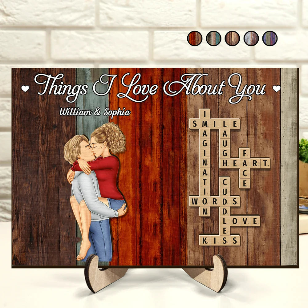 Gift For Couples - Crossword Scrabble Things I Love About You Couple - Personalized 2-Layered Wooden Plaque With Stand