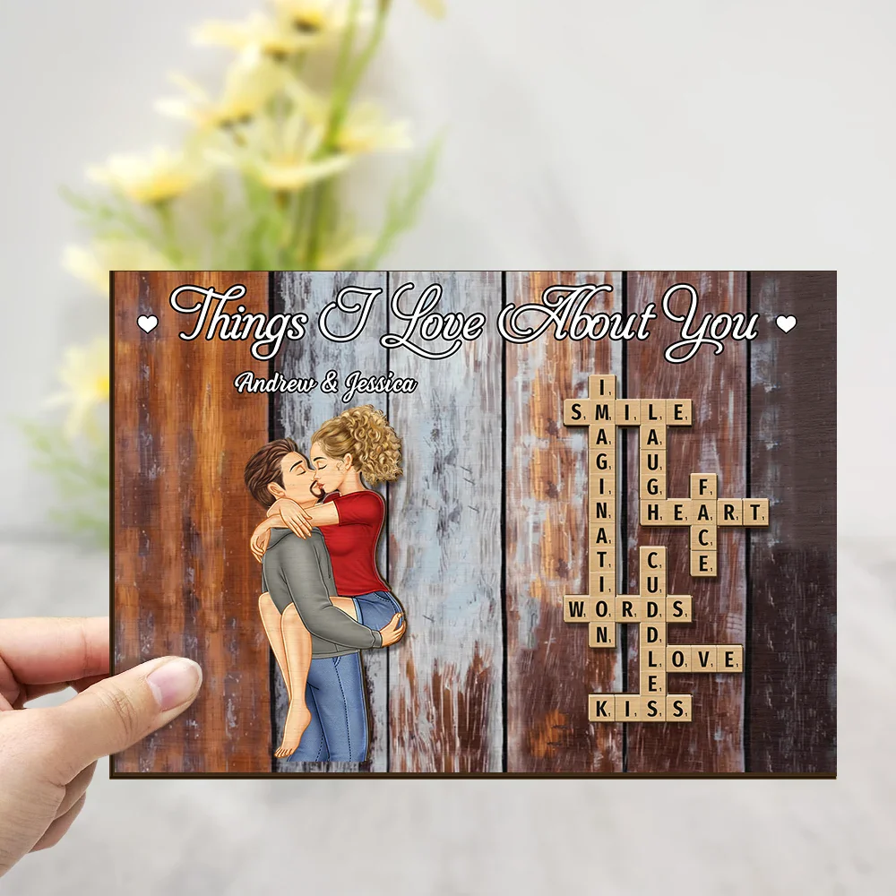 Gift For Couples - Crossword Scrabble Things I Love About You Couple - Personalized 2-Layered Wooden Plaque With Stand