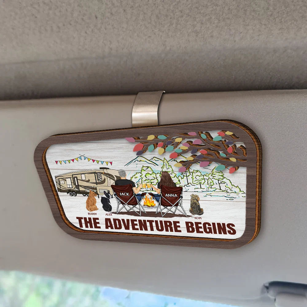 Camping, Campsite - Camping Couple The Adventure Begins - Personalized Custom Shaped Car Visor Clip