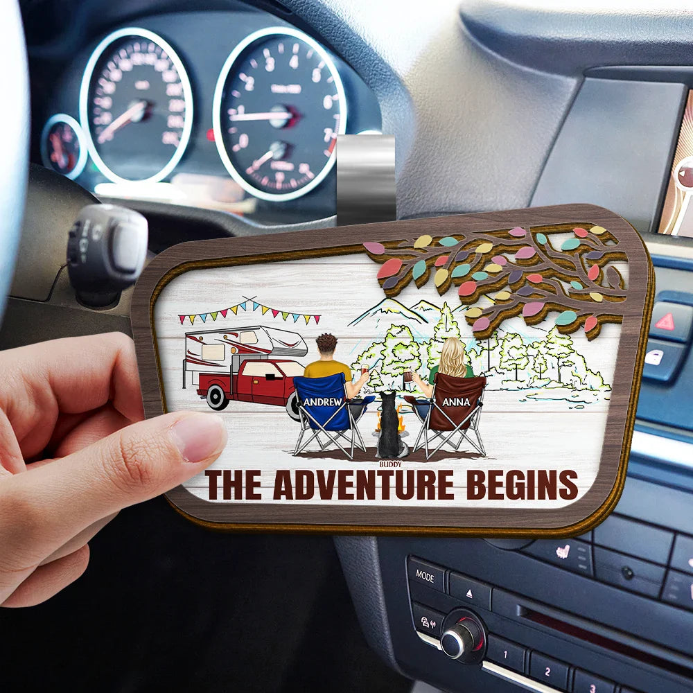 Camping, Campsite - Camping Couple The Adventure Begins - Personalized Custom Shaped Car Visor Clip