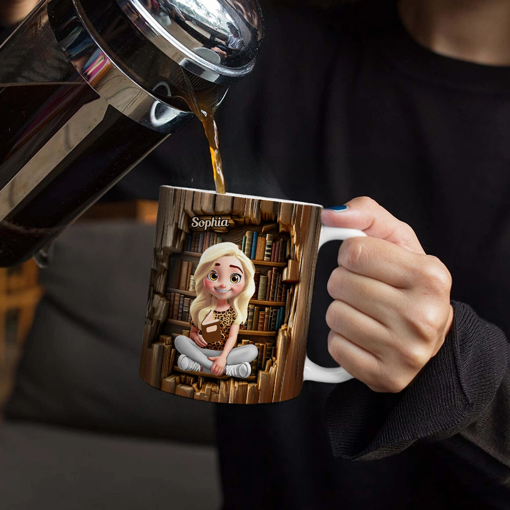 Reading, Gift For Yourself, Happy - Reading 3D Effect Girl Who Loves Books - Personalized White Edge-to-Edge Mug