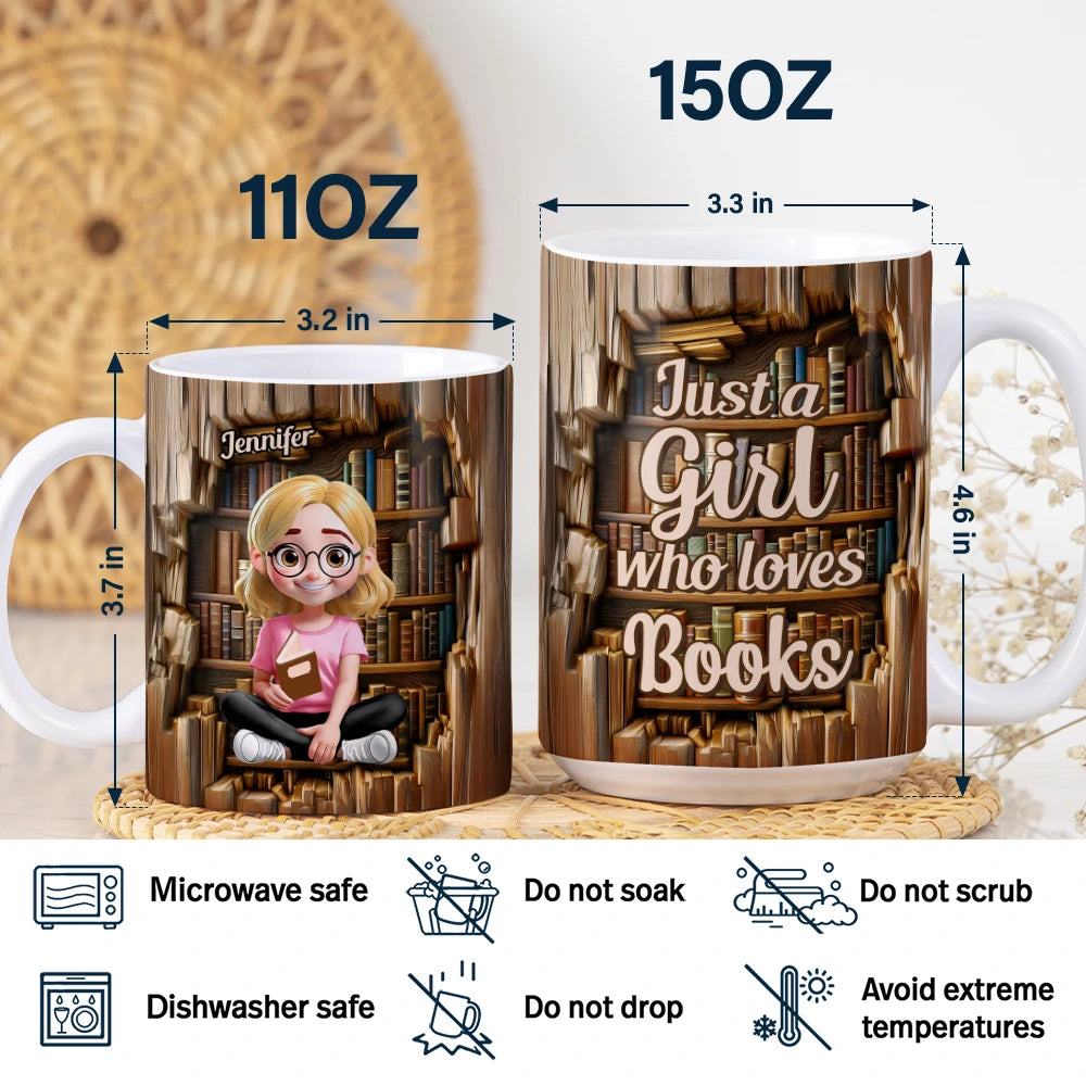 Reading, Gift For Yourself, Happy - Reading 3D Effect Girl Who Loves Books - Personalized White Edge-to-Edge Mug