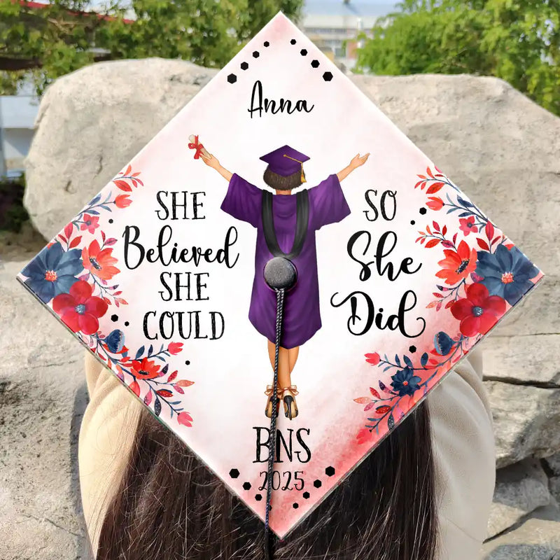 Graduation, Gift For Yourself, Happy - She Believed She Could - Personalized Graduation Cap Topper