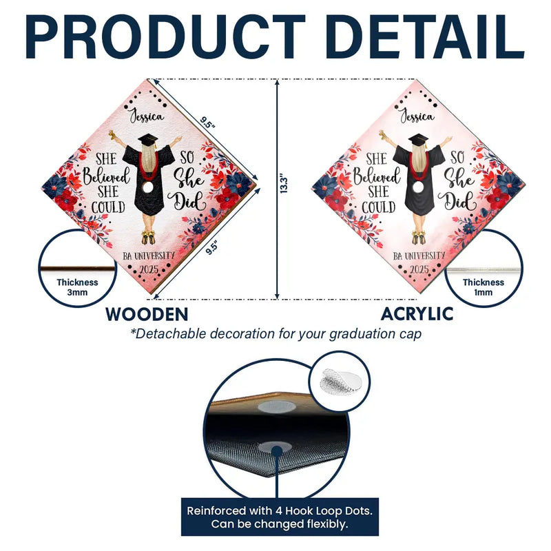 Graduation, Gift For Yourself, Happy - She Believed She Could - Personalized Graduation Cap Topper