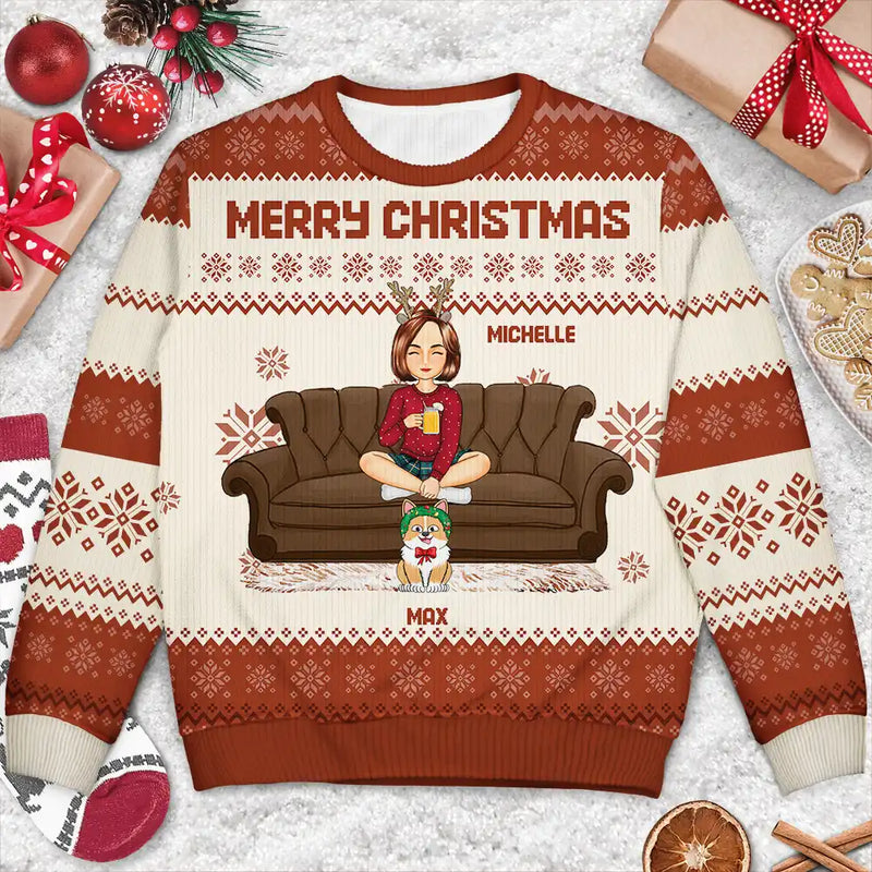 Christmas, Single Mom, Single Dad, Pet Lovers - Cartoon Single Mom Dad With Kids And Pets - Personalized Unisex Ugly Sweater