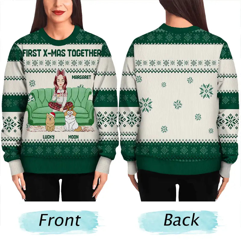 Christmas, Single Mom, Single Dad, Pet Lovers - Cartoon Single Mom Dad With Kids And Pets - Personalized Unisex Ugly Sweater