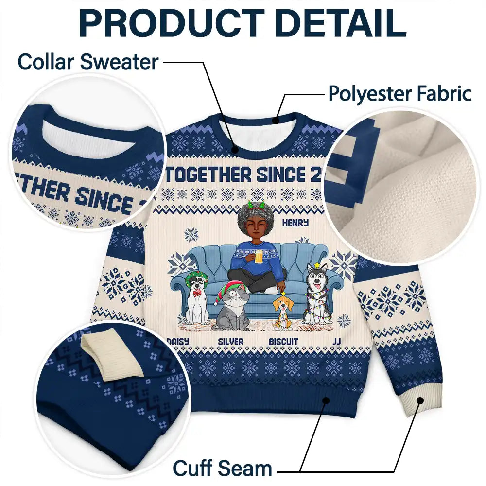 Christmas, Single Mom, Single Dad, Pet Lovers - Cartoon Single Mom Dad With Kids And Pets - Personalized Unisex Ugly Sweater