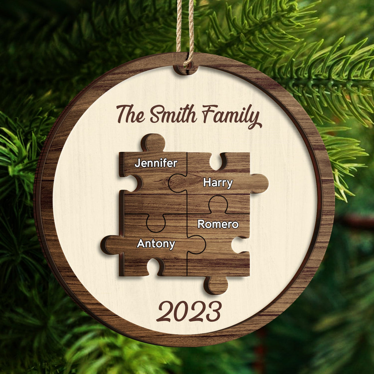 Christmas Family Puzzle Ornament Custom Name - Gift For Family - Personalized 2-Layered Wooden Ornament