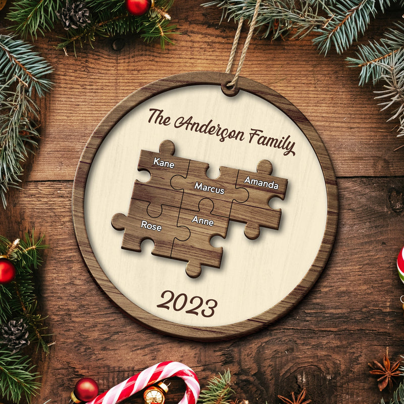 Christmas Family Puzzle Ornament Custom Name - Gift For Family - Personalized 2-Layered Wooden Ornament
