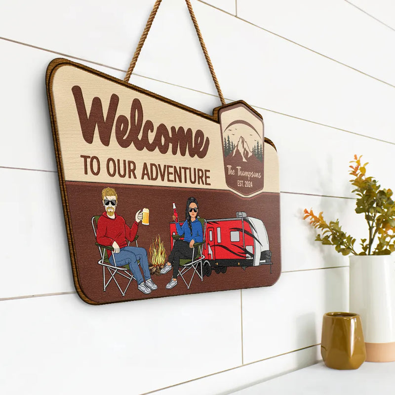 Gift For Couples, Gift For Husband, Gift For Wife, Gift For Boyfriend, Gift For Girlfriend, Camping, Campsite - Camping Couple Welcome To Our Adventure - Personalized Custom Shaped Wood Sign