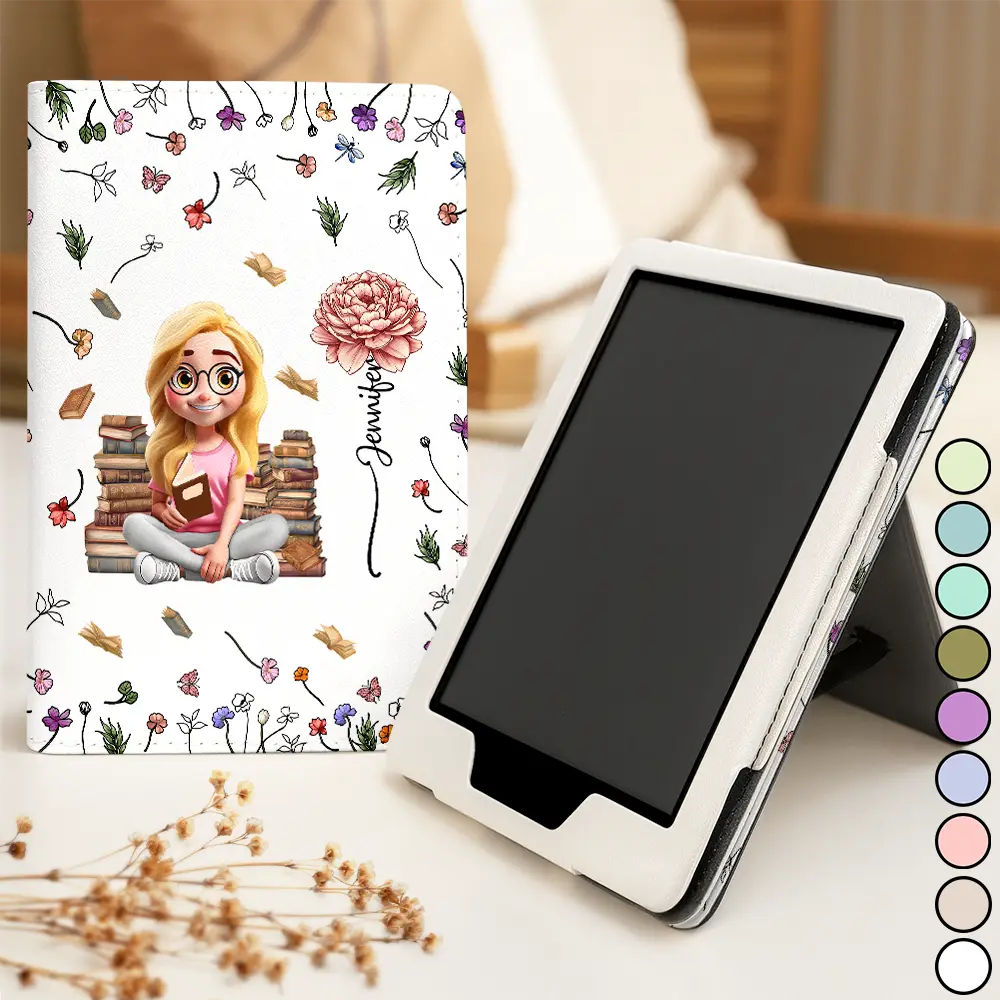 Reading Girl With Birth Month Flower - Personalized Kindle Paperwhite Case Kickstand