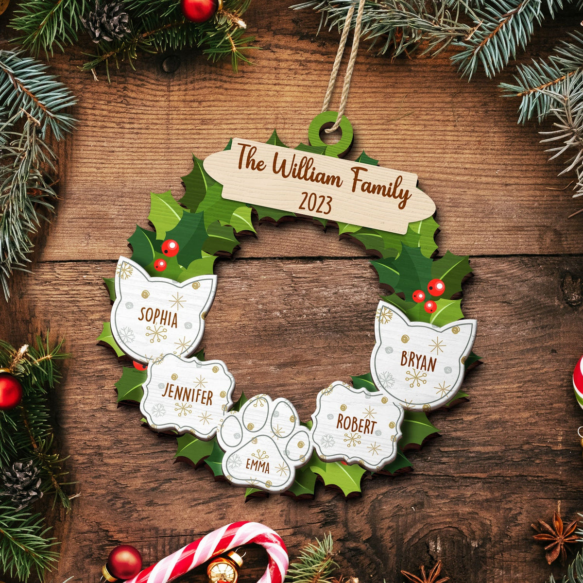 Garland Wreath Family - Christmas Gift For Family - Personalized 2-Layered Wooden Ornament