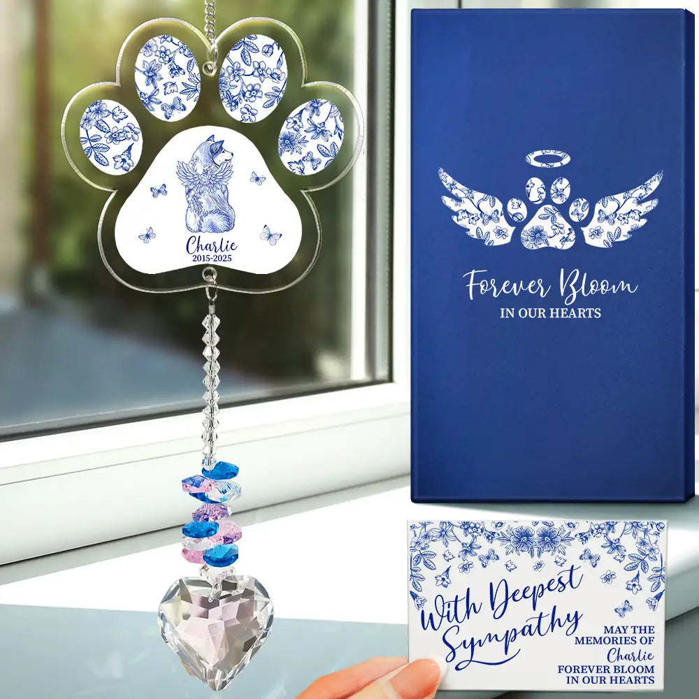 Dog Lovers,Dog Mom,Dog Dad,Pet Lovers,Pet Mom,Pet Dad,Sad - Toile De Jouy Dog Forever Bloom - Personalized Heart Crystal Suncatcher