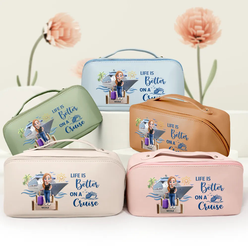 Gift For Yourself,Gift For Women,Cruising,Happy - Travel All My Cruise Crap - Personalized Leather Makeup Bag
