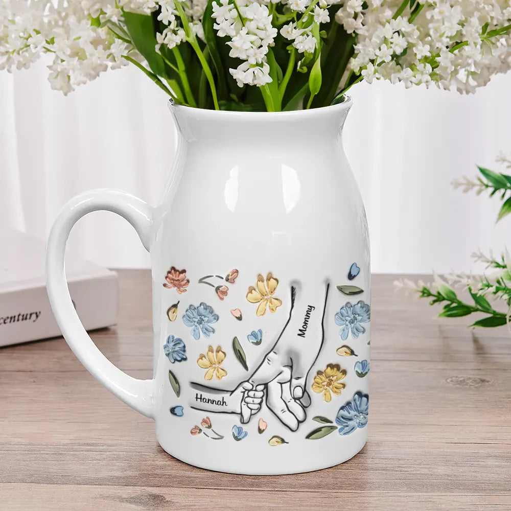 Gift For Grandma, Gift For Mother - Hand In Hand I Will Always Protect You Mom Nana - 3D Inflated Effect Printed Vase, Personalized Ceramic Flower Vase
