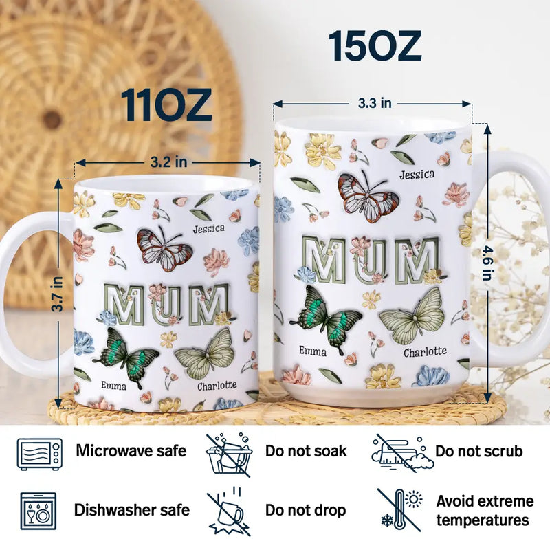Gift For Grandma, Gift For Mother, Gift For Wife - Nana Mom Birth Butterflies - 3D Inflated Effect Printed Mug, Personalized White Edge-to-Edge Mug