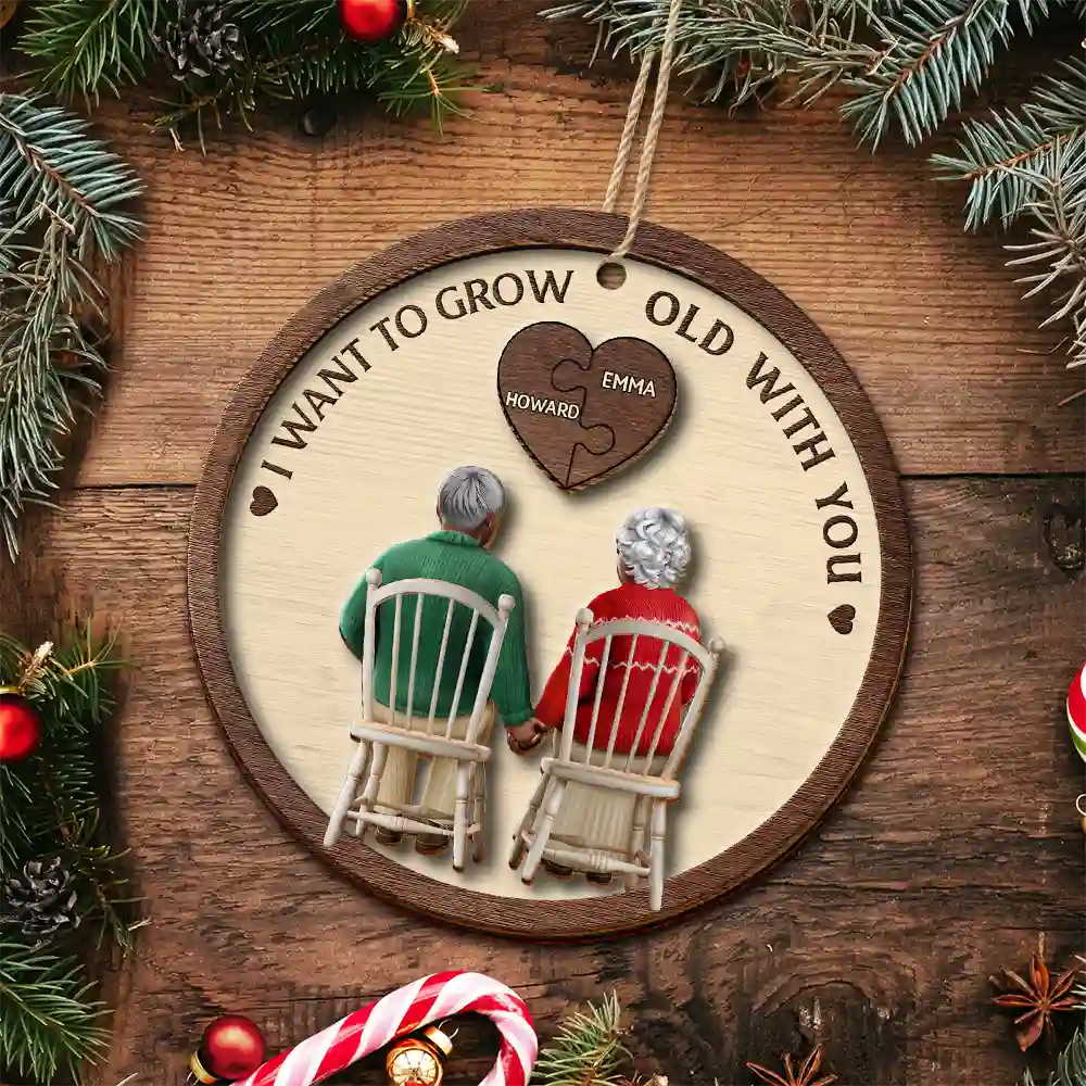 Christmas, Happy, Love, Old Couples - You And Me Grow Old Together - Personalized 2-Layered Wooden Ornament