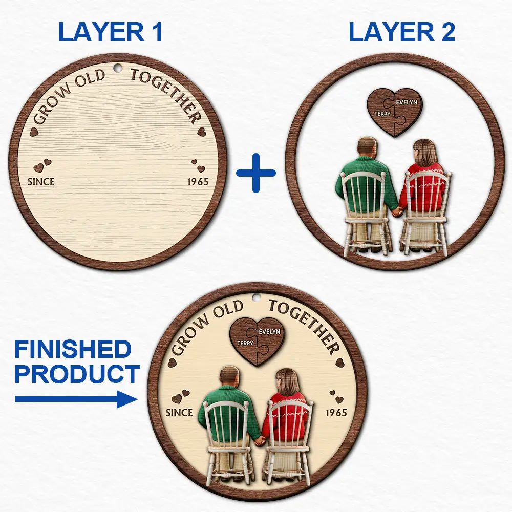 Christmas, Happy, Love, Old Couples - You And Me Grow Old Together - Personalized 2-Layered Wooden Ornament