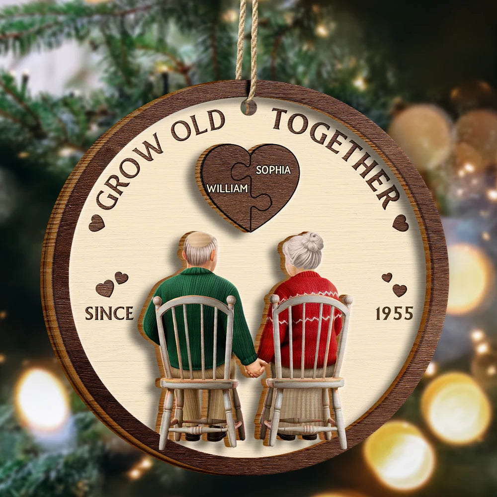 Christmas, Happy, Love, Old Couples - You And Me Grow Old Together - Personalized 2-Layered Wooden Ornament