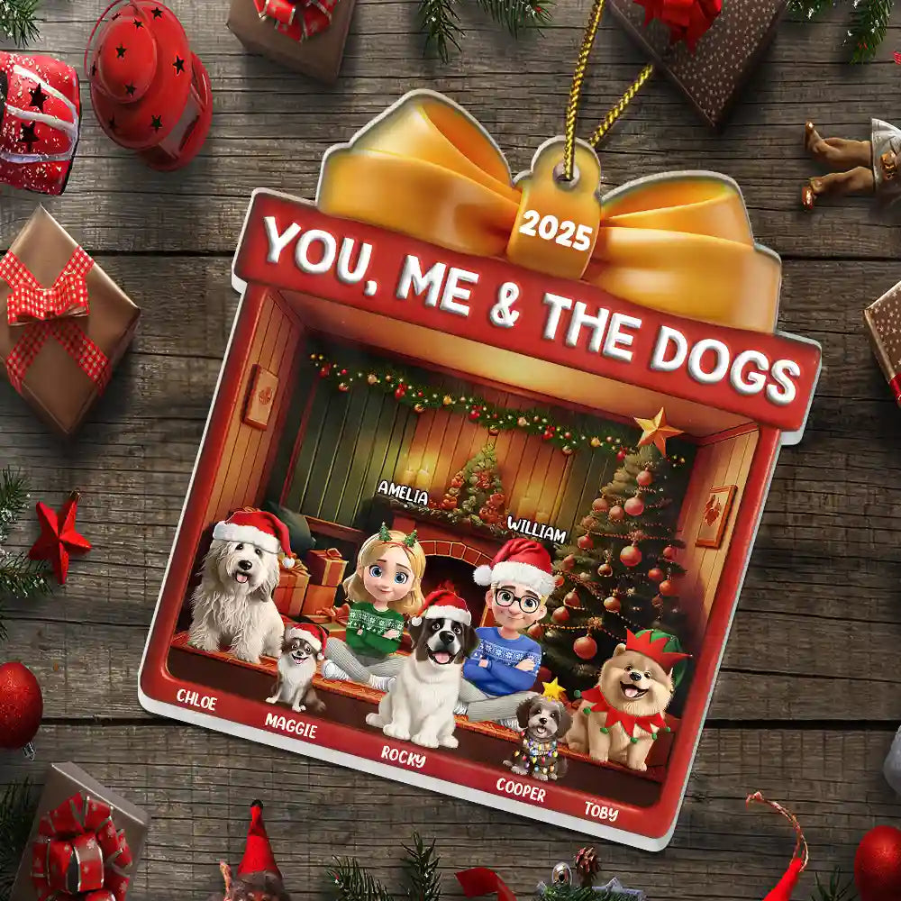 Happy,Dog Couple,Gift For Couples,Pet Lovers,Dog Lovers,Christmas - You Me And The Dog Christmas Box - Personalized Custom Shaped Acrylic Ornament
