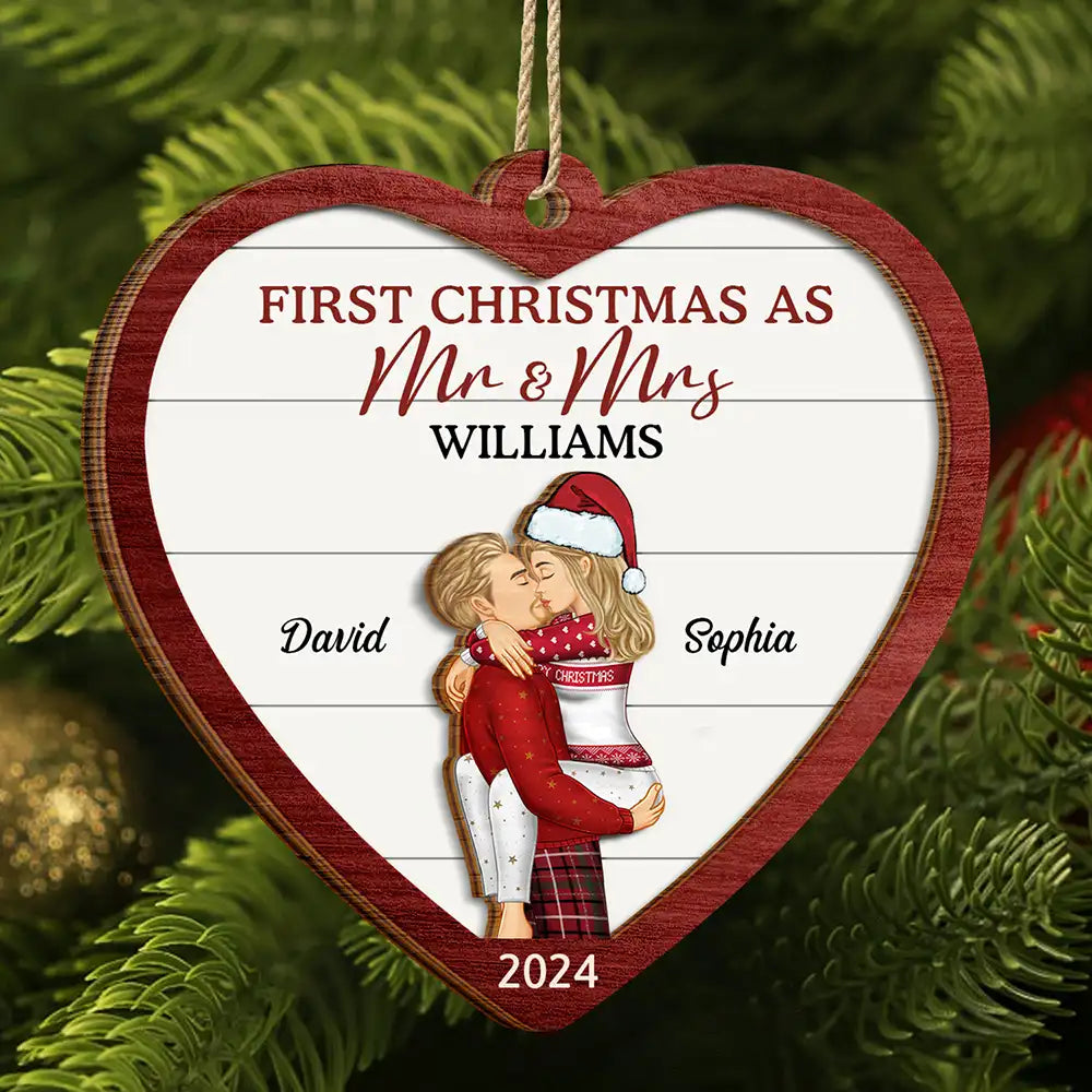 First Christmas As Mr & Mrs Kissing Couple - Personalized 2-Layered Wooden Ornament