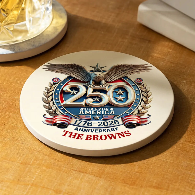 Independence Day,America 250th,Family,Gift For Yourself,Happy - 250th Anniversary Eagle US Independence Day - Personalized Ceramic Coaster