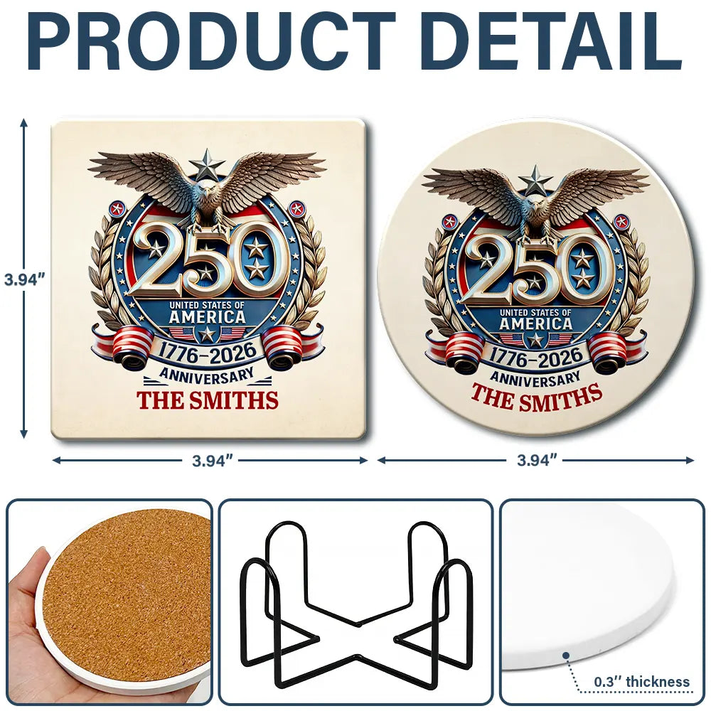 Independence Day,America 250th,Family,Gift For Yourself,Happy - 250th Anniversary Eagle US Independence Day - Personalized Ceramic Coaster