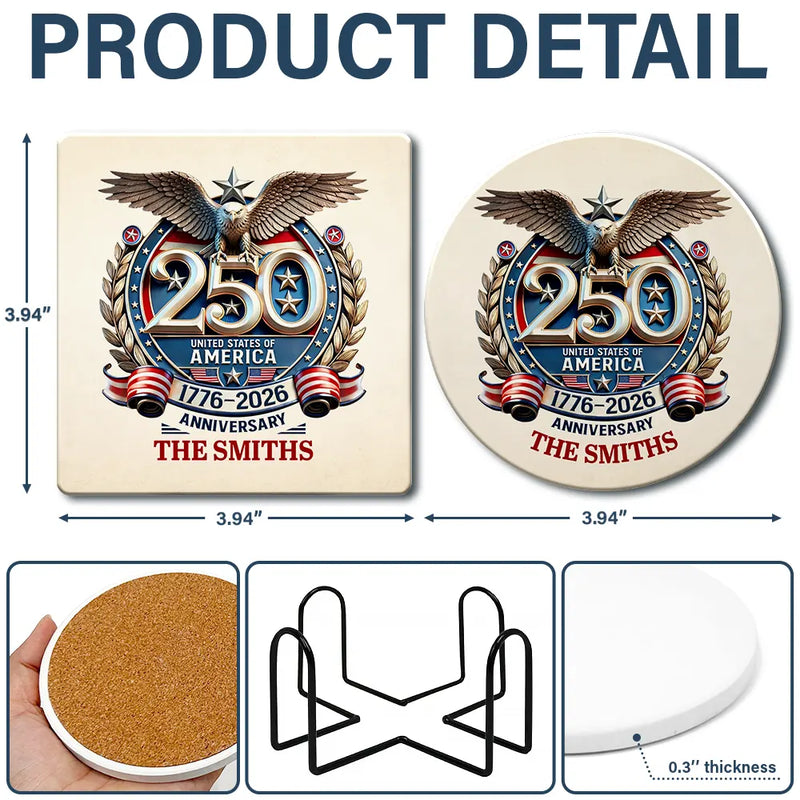 Independence Day,America 250th,Family,Gift For Yourself,Happy - 250th Anniversary Eagle US Independence Day - Personalized Ceramic Coaster