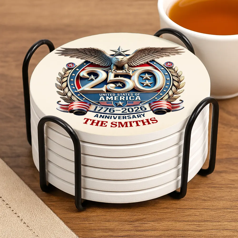 Independence Day,America 250th,Family,Gift For Yourself,Happy - 250th Anniversary Eagle US Independence Day - Personalized Ceramic Coaster