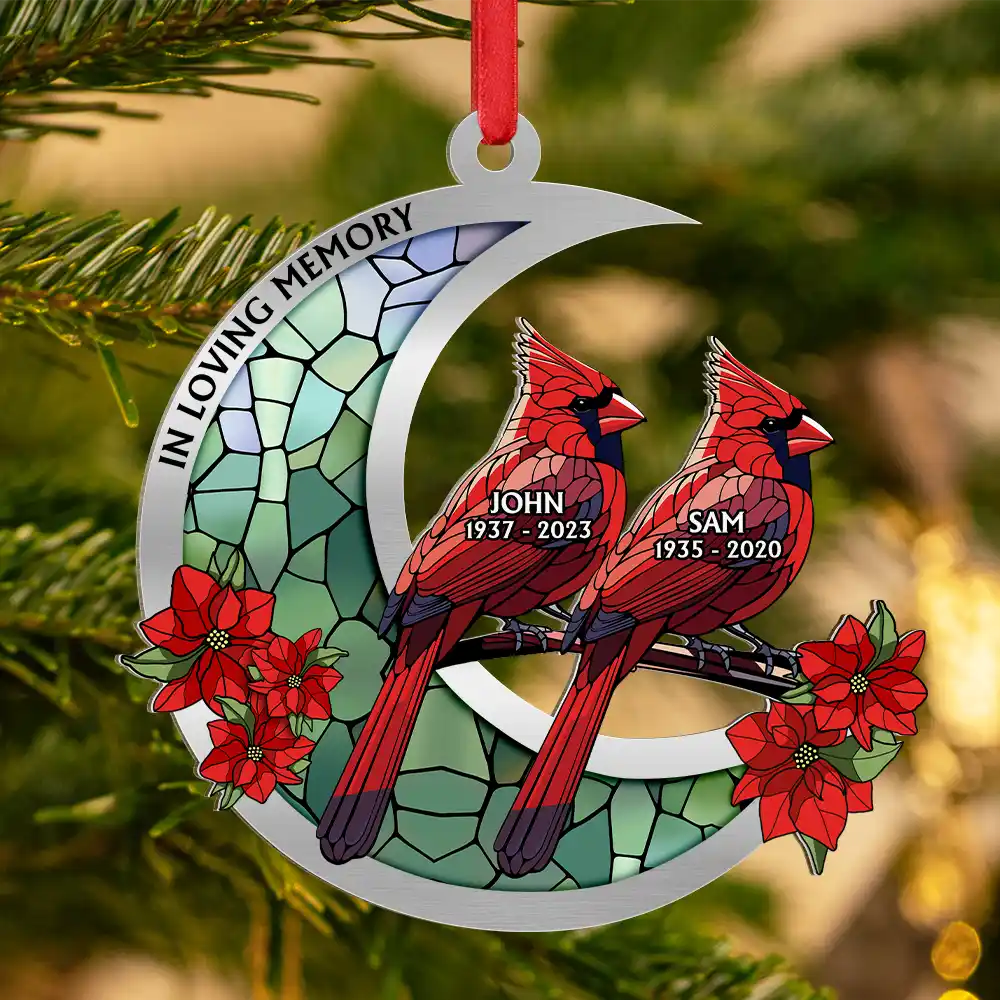 Family,Memorial,Christmas,Love - Memorial Cardinal Stained Glass Moon - Personalized Metal Ornament