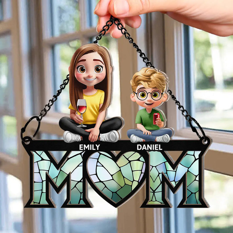 3D Cartoon Young Mom and Kids - Personalized Window Hanging Suncatcher Ornament