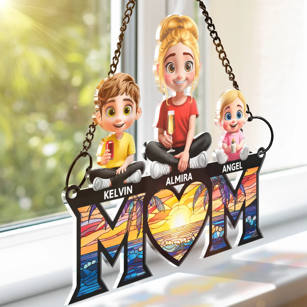 3D Cartoon Young Mom and Kids - Personalized Window Hanging Suncatcher Ornament