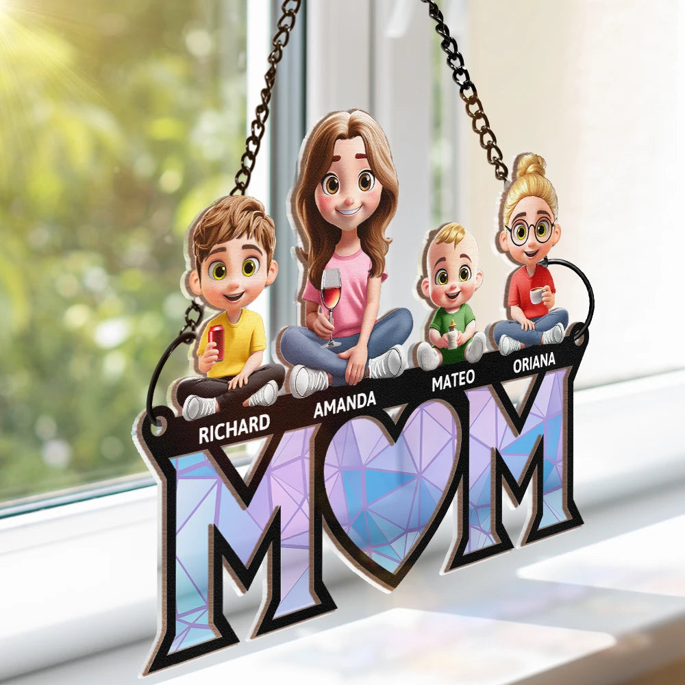 3D Cartoon Young Mom and Kids - Personalized Window Hanging Suncatcher Ornament
