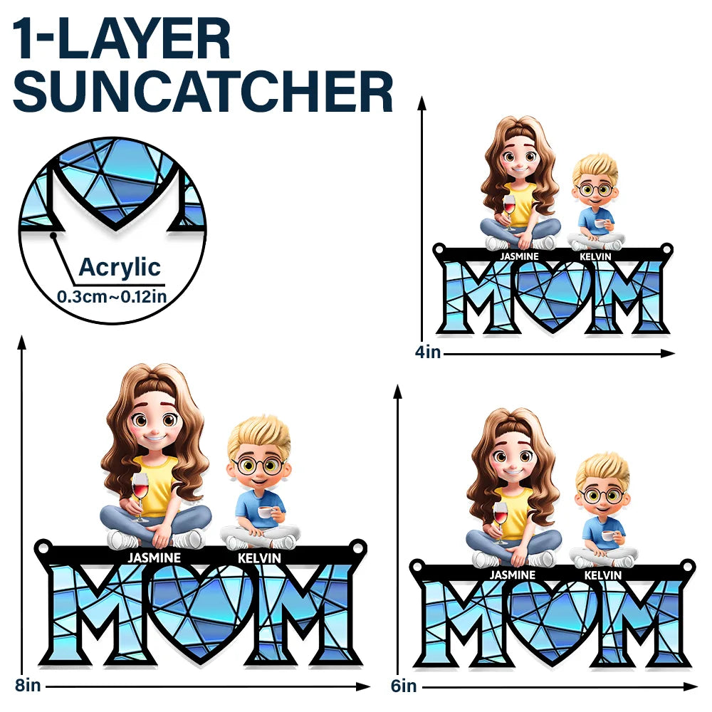 3D Cartoon Young Mom and Kids - Personalized Window Hanging Suncatcher Ornament