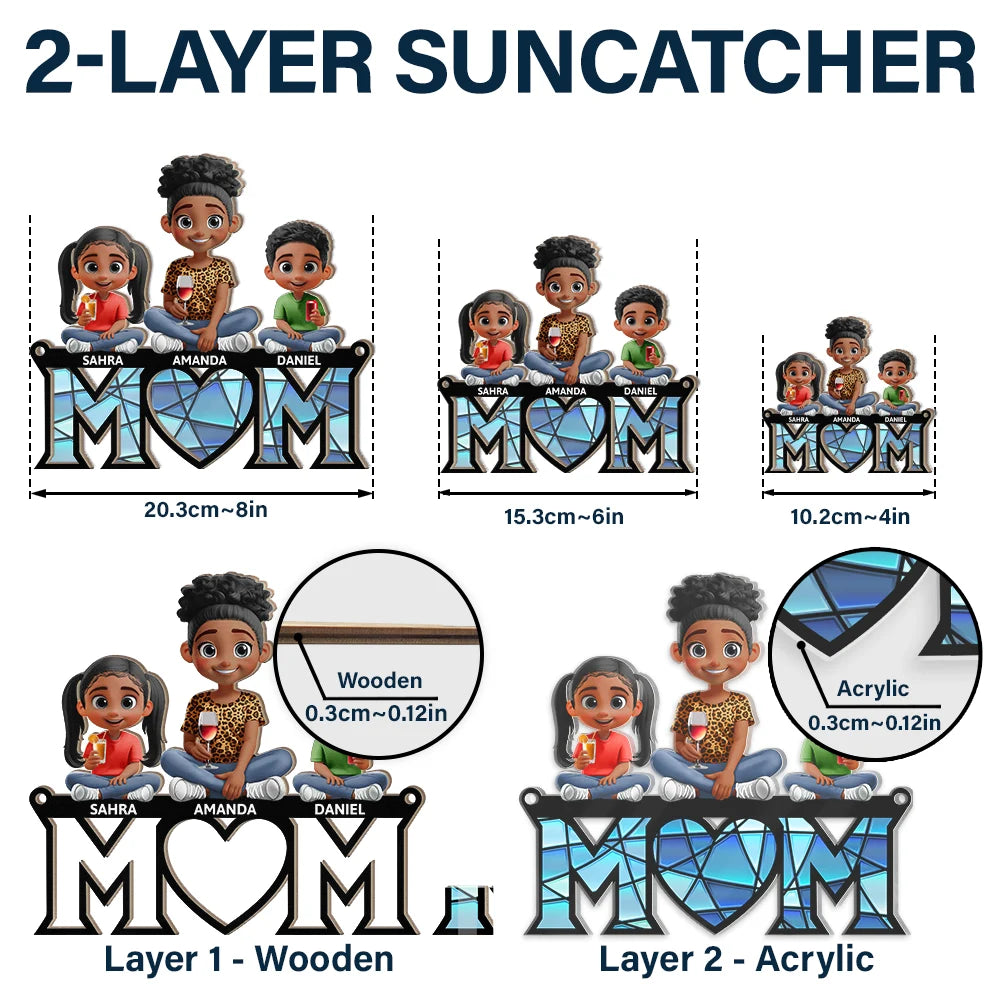 3D Cartoon Young Mom and Kids - Personalized Window Hanging Suncatcher Ornament
