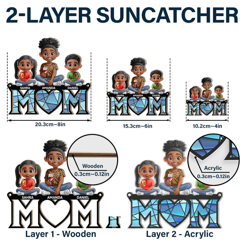3D Cartoon Young Mom and Kids - Personalized Window Hanging Suncatcher Ornament
