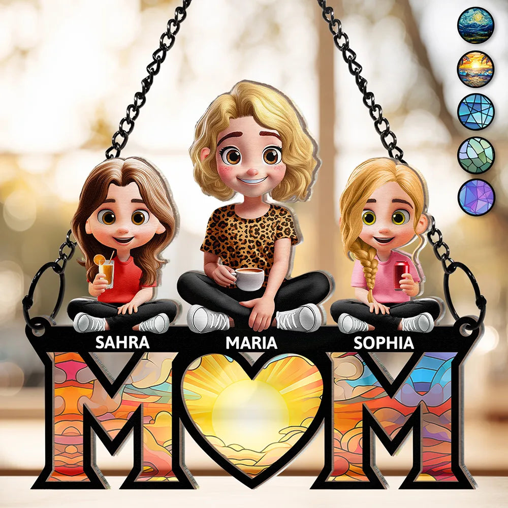 3D Cartoon Young Mom and Kids - Personalized Window Hanging Suncatcher Ornament