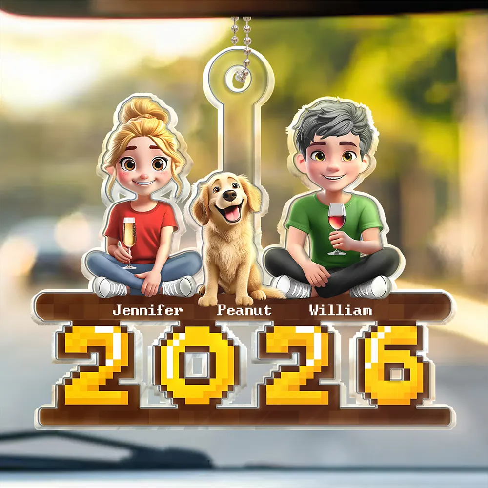 3D Couple With Dogs Cats - Personalized Acrylic Car Hanger