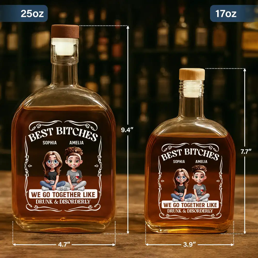 Gift For Bestie, Gift For Sisters, Funny, Gift For Women - 3D Effecct Sitting Besties We Go Together - Personalized Whiskey Bottle