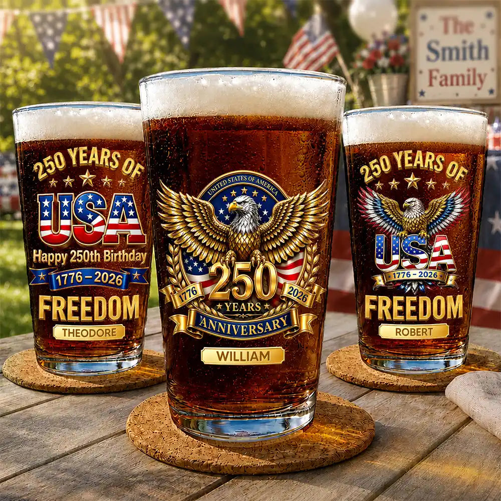 America 250th, Independence Day, Family, Proud, Icon - 3D Effect 250 Years Of Freedom - Personalized Beer Glass
