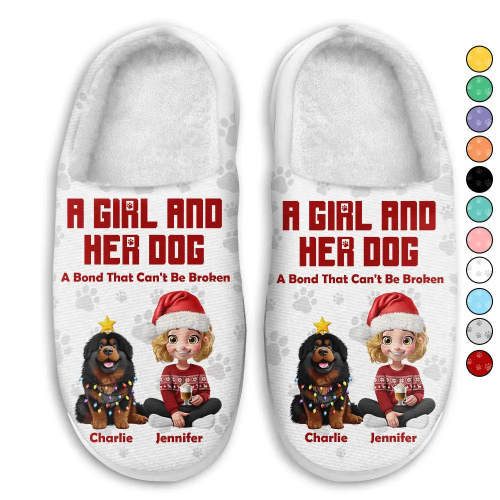 3D Effect A Girl And Her Dog - Personalized Fluffy Slippers