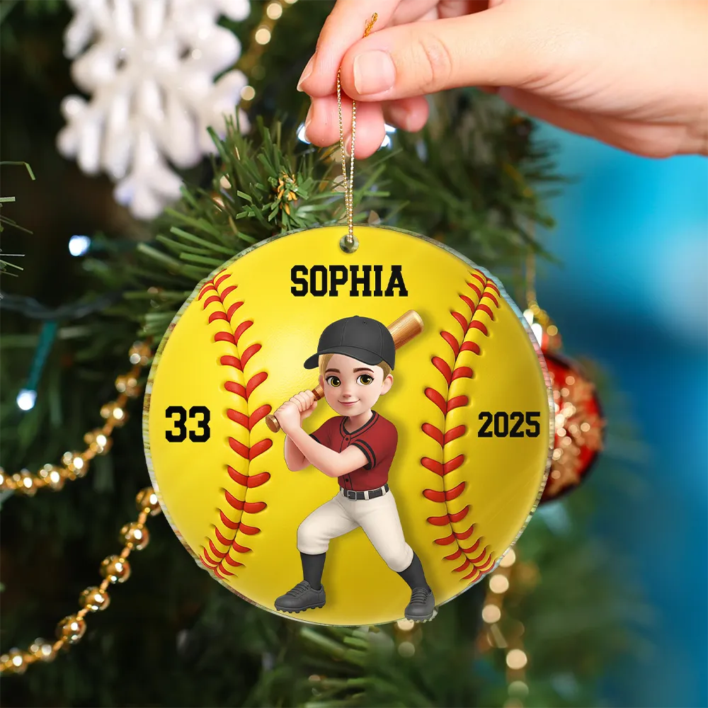 Gift For Yourself, Gift For Women, Gift For Men, Happy, Christmas - 3D Effect Baseball Softball Girl Boy - Personalized Custom Shaped Acrylic Ornament