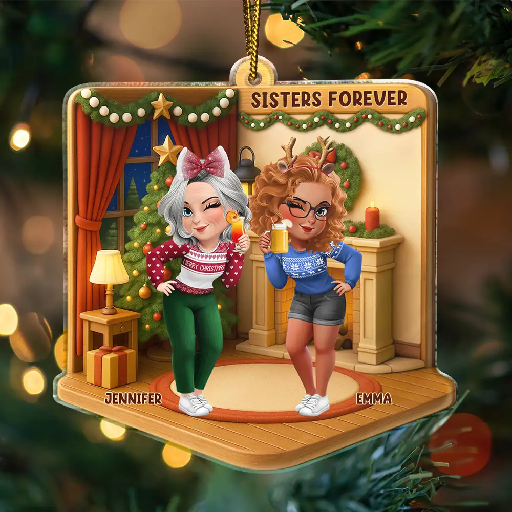 Gift For Bestie,Happy,Christmas,Gift For Sisters - 3D Effect Besties Forever Christmas - Personalized Custom Shaped Acrylic Ornament