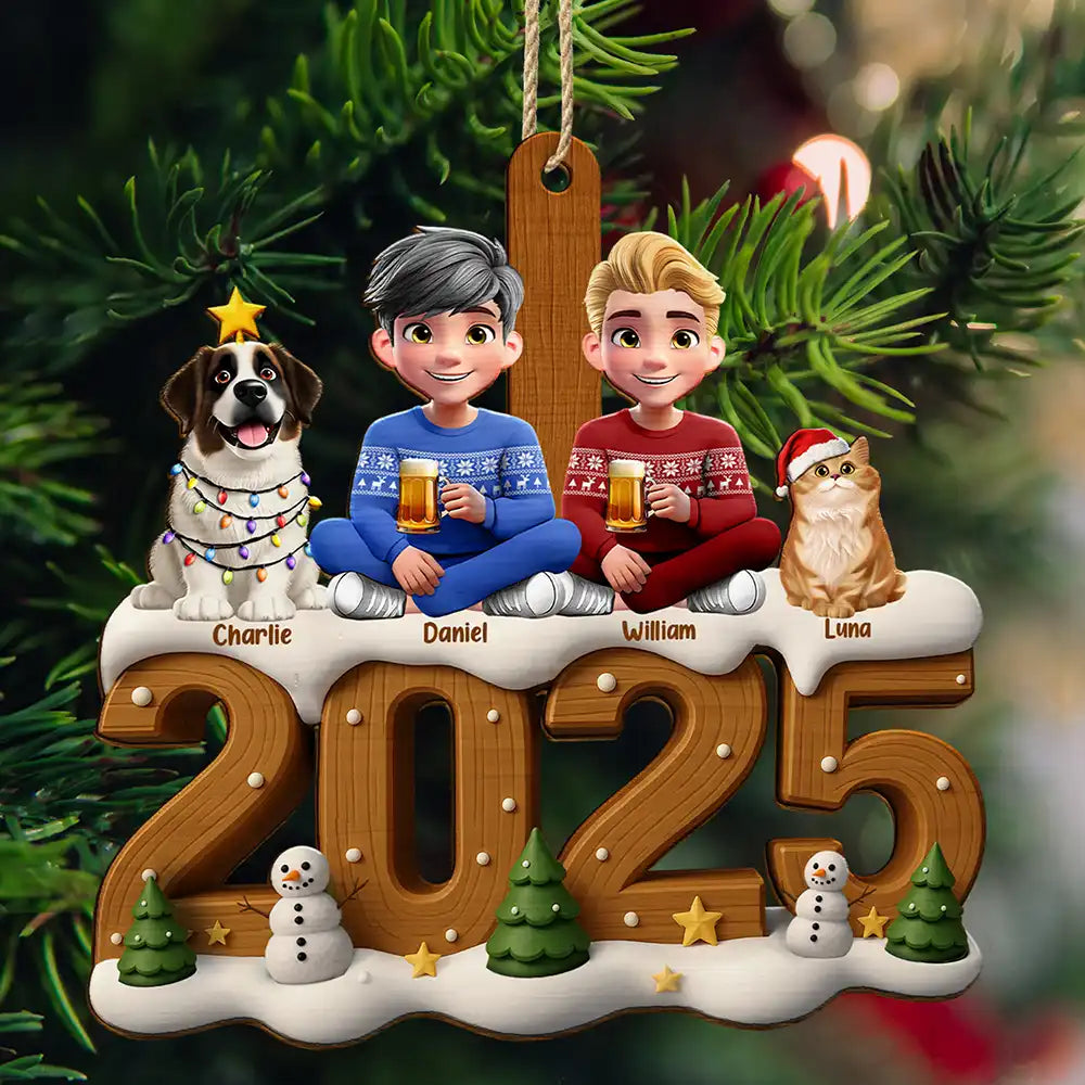 Family,Parents,Gift For Kids,Pet Couple,Cat Couple,Dog Couple,Christmas,Top Market,Happy - 3D Effect Christmas Family And Dog Cat - Personalized Custom Shaped Wooden Ornament
