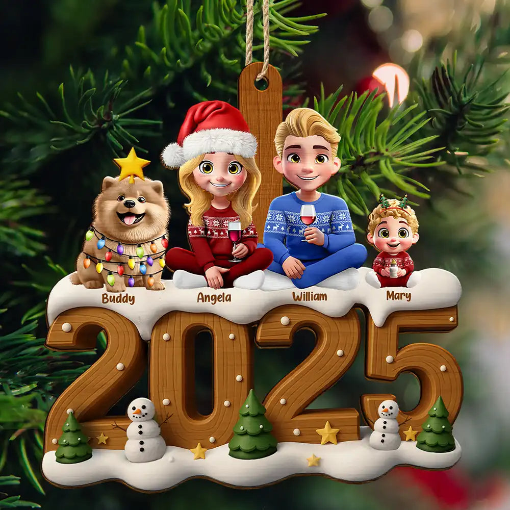 3D Effect Christmas Family And Dog Cat - Personalized Custom Shaped Wooden Ornament
