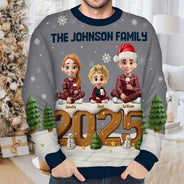 Family,Gift For Grandparents,Parents,Gift For Kids,Happy,Christmas,Non-Eng - 3D Effect Christmas Sitting Family - Personalized Unisex Ugly Sweater