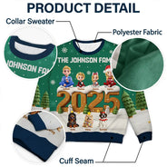 Family,Gift For Grandparents,Parents,Gift For Kids,Happy,Christmas,Non-Eng - 3D Effect Christmas Sitting Family - Personalized Unisex Ugly Sweater