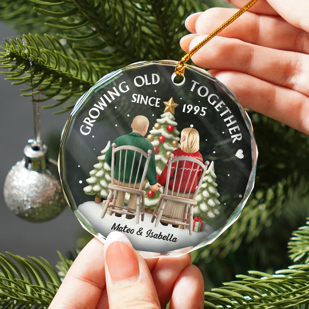 Gift For Couples, Old Couples, Gift For Husband, Gift For Wife, Love, Christmas - 3D Effect Couple Growing Old Together - Personalized Circle Glass Ornament