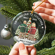 Gift For Couples, Old Couples, Gift For Husband, Gift For Wife, Love, Christmas - 3D Effect Couple Growing Old Together - Personalized Circle Glass Ornament