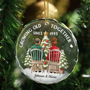 Gift For Couples, Old Couples, Gift For Husband, Gift For Wife, Love, Christmas - 3D Effect Couple Growing Old Together - Personalized Circle Glass Ornament